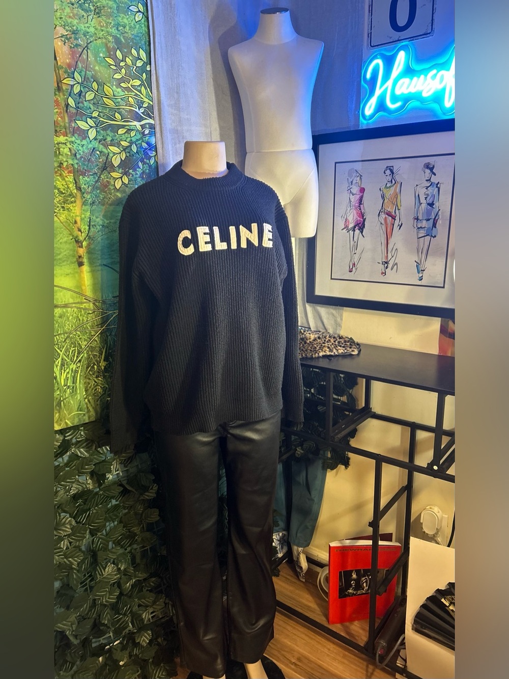 Celine Pre-Loved Black Ribbed Logo Crewneck Sweater -Unisex